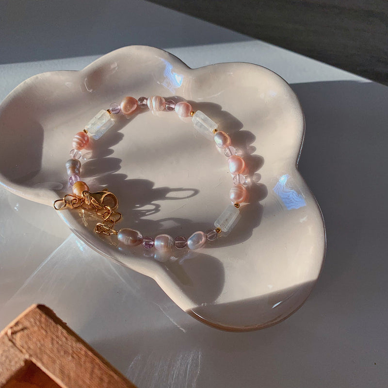 Regenboog Maansteen, Amethist en Roze zoetwaterparels armband-Armbanden-King Crystals